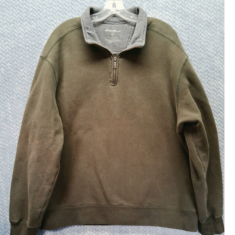 Eddie Bauer Mens XL Olive Green Quarter Zip Fleece Pullover Sweatshirt Mock Neck